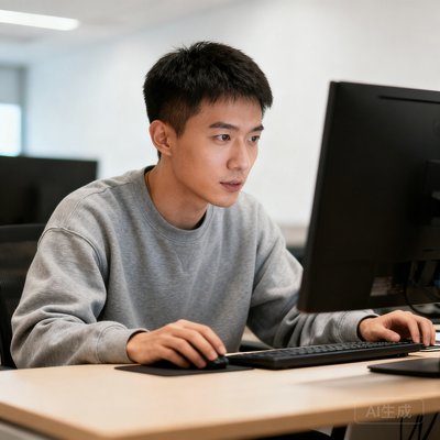 李铭，JRS看球网CTO，年轻男性短发，穿着灰色卫衣，表情专注地对着电脑屏幕